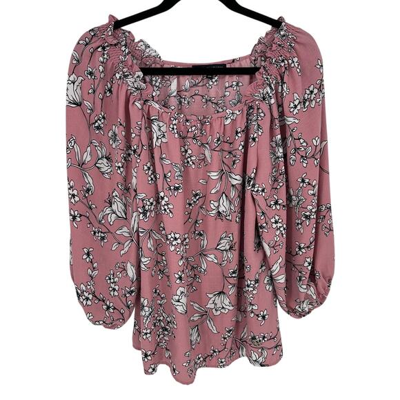 Adrienne Vittadini Pink Long Balloon Sleeve Blouse White Floral Career Office L - Picture 1 of 9